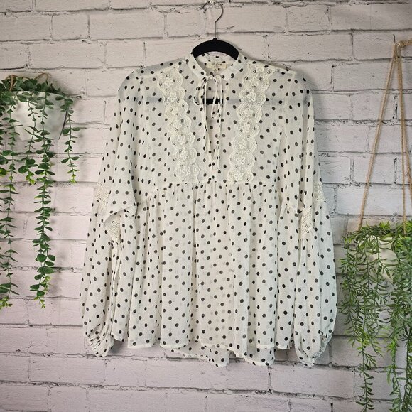 UMGEE SHEER POLKA DOT BLOUSE WOMEN'S LACE BOHO FLOWY LONG SLEEVE MEDIUM - Picture 1 of 6